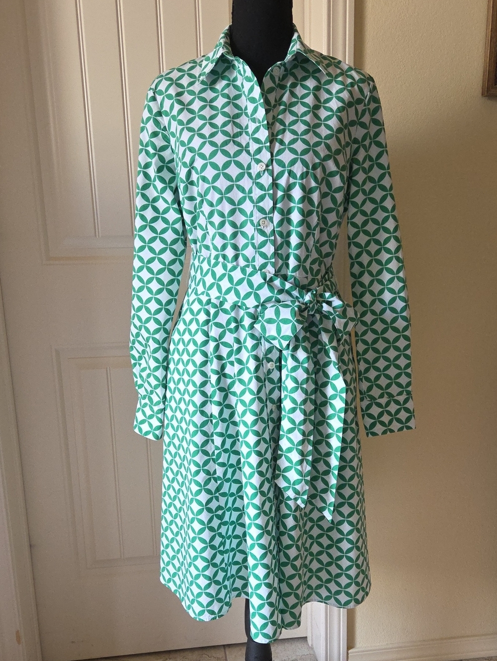 Boden Green & White Geometric Long-Sleeve Shirt Dress with Tie Waist, Size US 6L